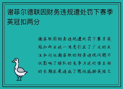 谢菲尔德联因财务违规遭处罚下赛季英冠扣两分